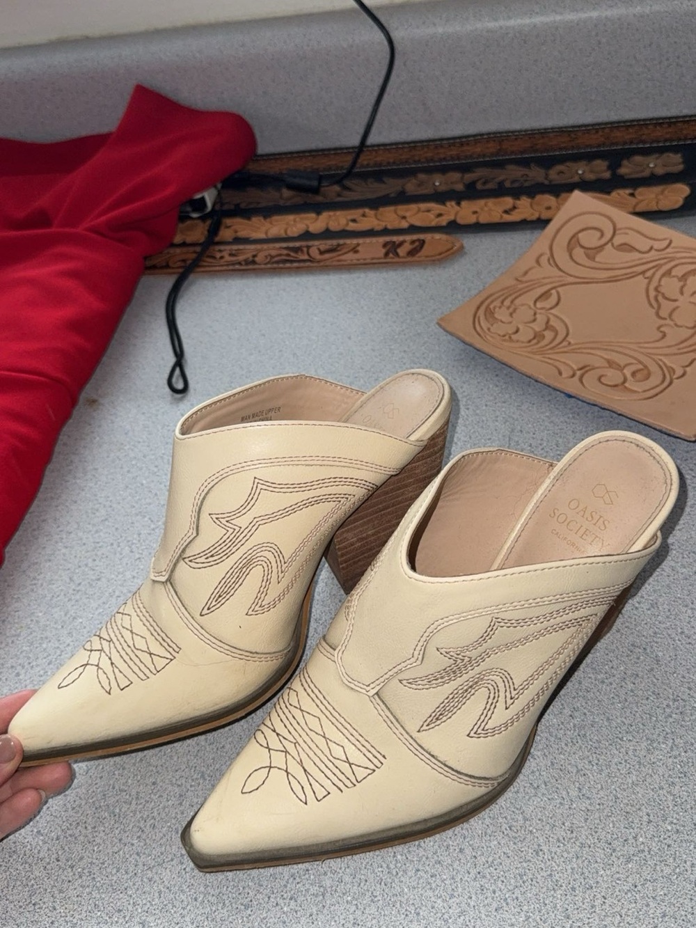 Society Cream Leather Western-Inspired Slip-On Mules